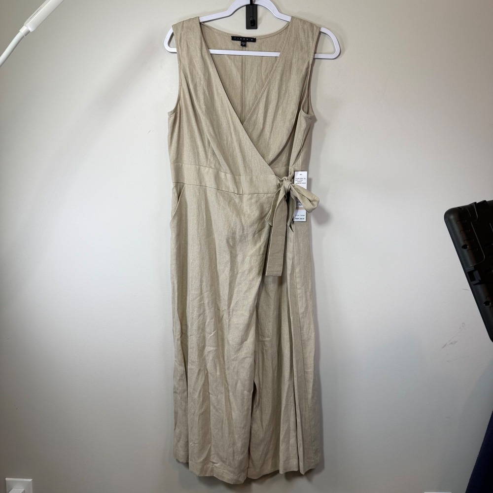 NWT Tiana B‎ Jumpsuit Women 12 Khaki New Linen Blend Wide Leg Faux Wrap TS205B